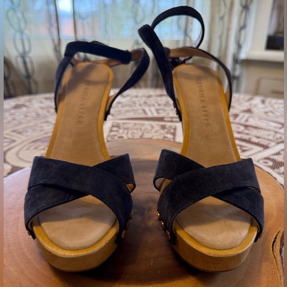 Veronica Beard Blue Suede Studded Heeled Sandals Criss Cross Ankle Strap, 7.5 - Picture 6 of 12